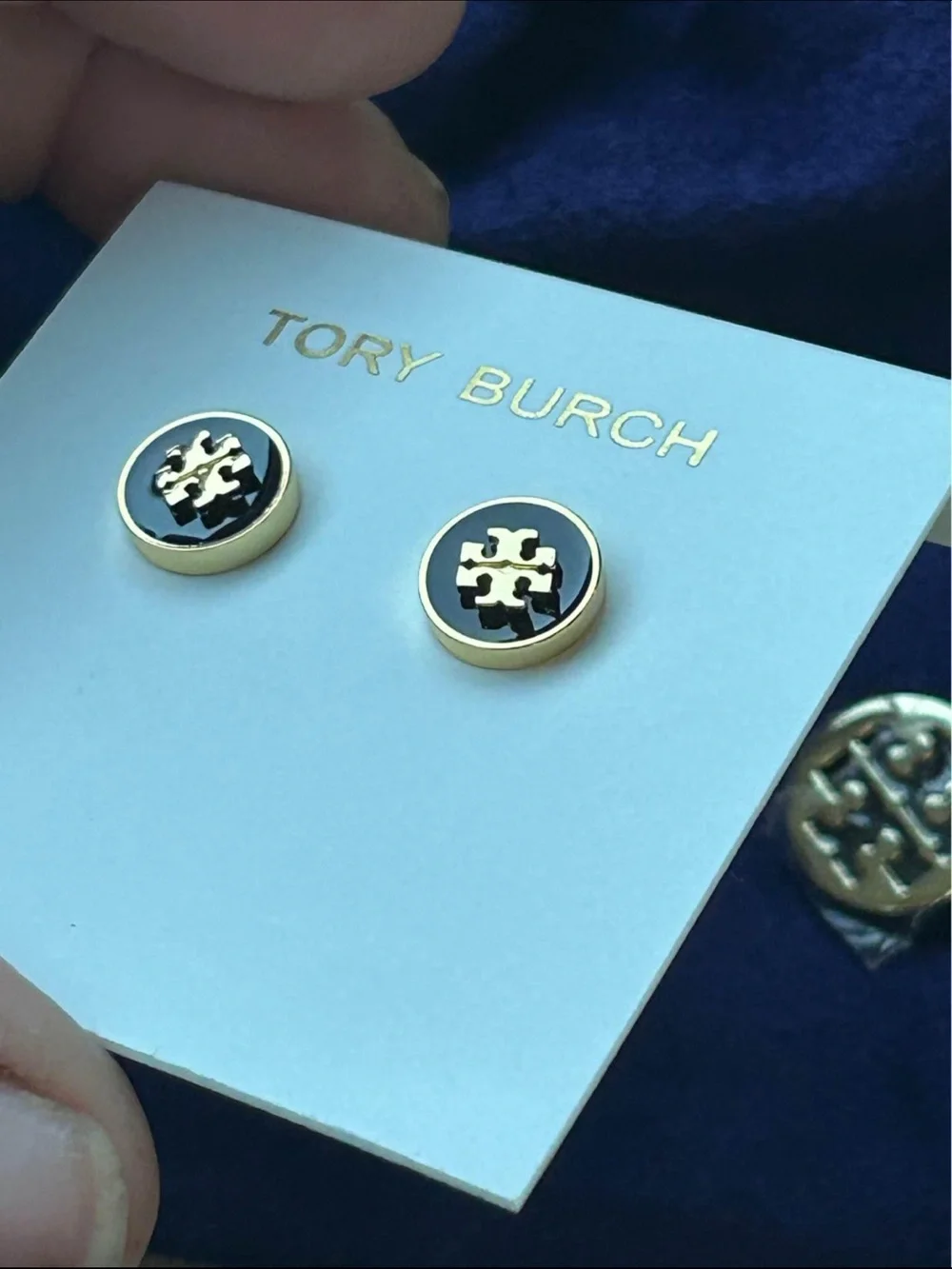 Tory Burch Rose Gold and Black Logo Disc Earrings and matching necklace set